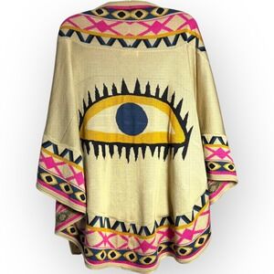 Evil Eye Knit Poncho Shawl Wrap Shrug Cream Pink Blue Boho Festival hippie
